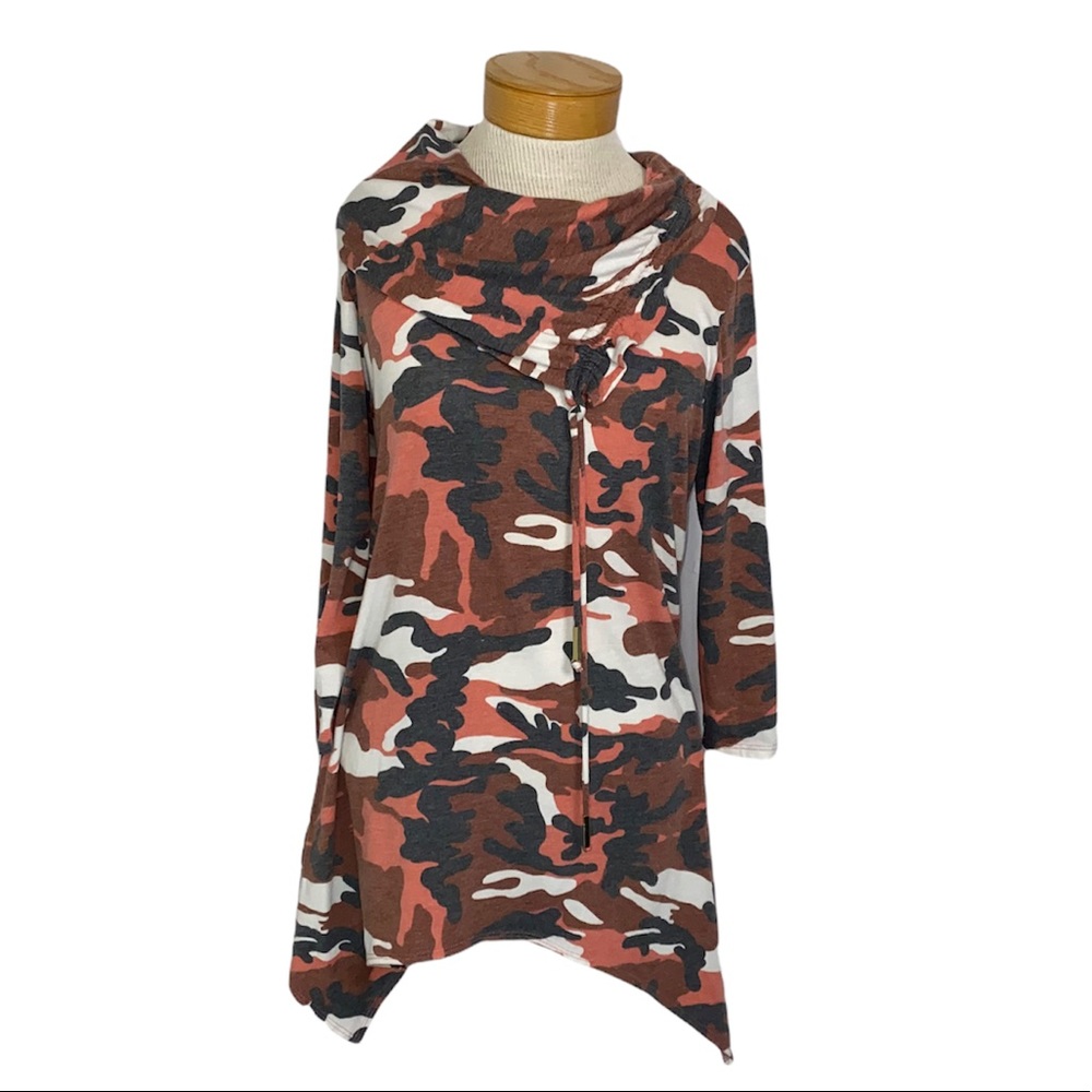 Coco Bianco Cowl Neck, Trapeze Hem Camouflage Top